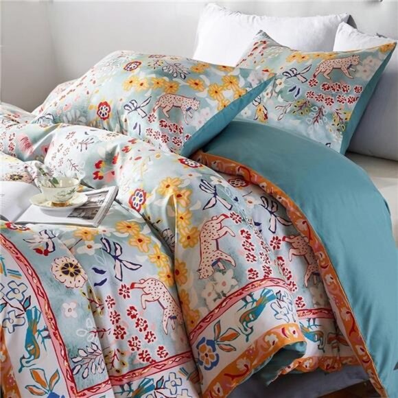 NEW Anthro Blue Jungle Multicolor Boho Queen / King Bedding Duvet & Sham Case - Picture 3 of 14